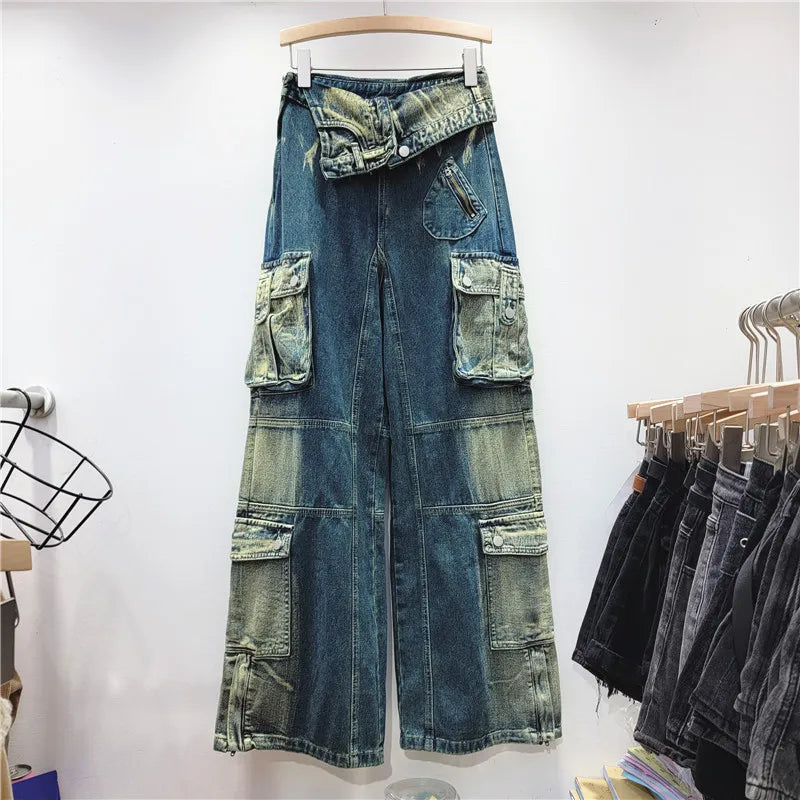 Boutique Wholesale 2025 Autumn New Fashionable High Waist Personalized Pocket Straight Tube Loose Slimming Women's Jeans