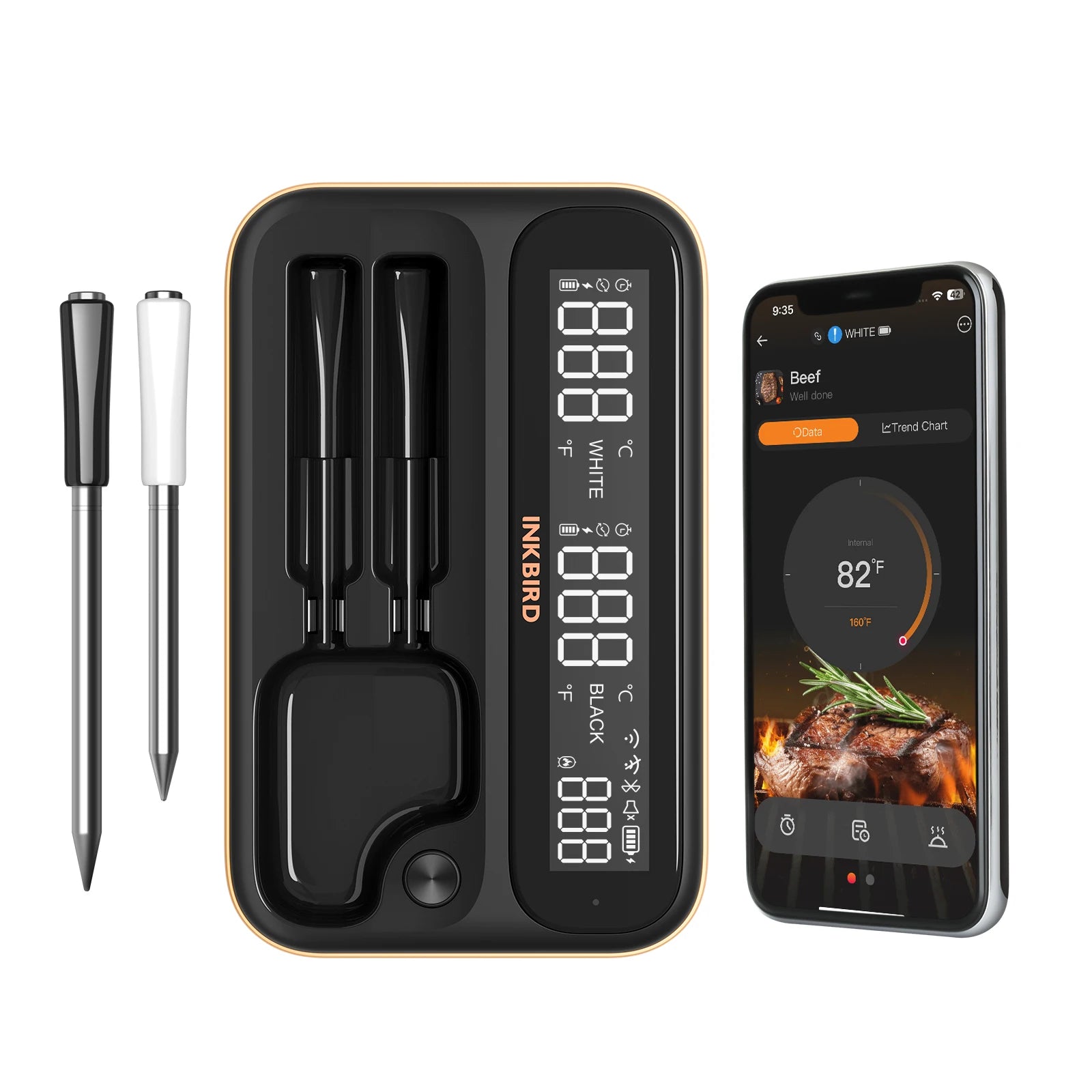 INKBIRD INT-12-BW Dual Mode Wireless BBQ Thermometer WiFi 5G 2.4G and Bluetooth 5.4  Long and Short Probe Combo