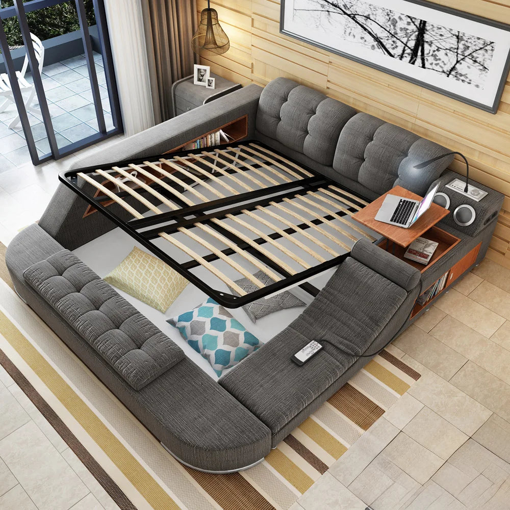 Bedroom Furniture Multi Function Storage Sleeper Sectional Contemporary King Queen Smart Leather Bed
