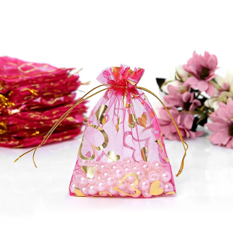 Small Organza Bag Purple Hot Stamping Heart Yarn Bags Tie Pouch Jewelry Packaging Pouches for Gift