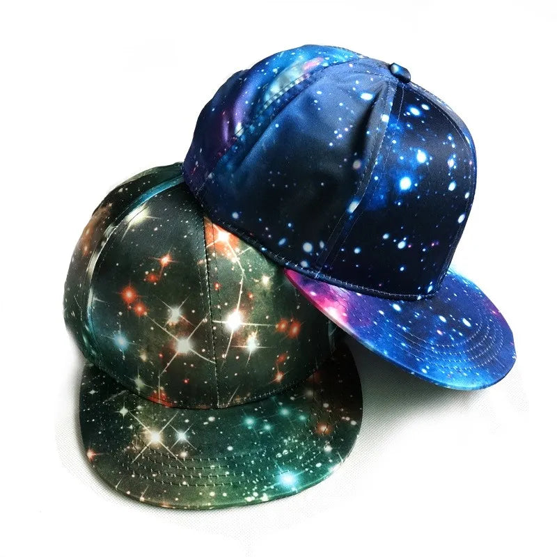 Shenzhen Wholesale Unisex 6 Panel 3D Printed Starry Galaxy Hip Pop Flat Brim Hats Snapback Cap
