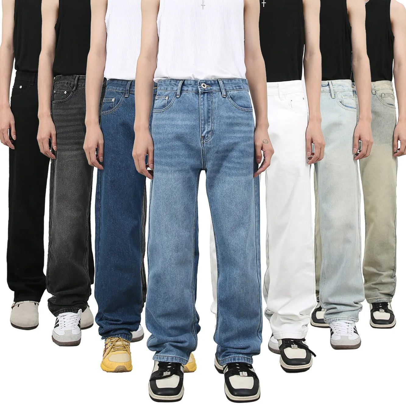 Custom Streetwear High Quality Vintage Washed Heavyweight  Casual Long Denim Pants Mid Waist Jeans