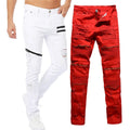 Mens Black Zipper Trousers White Stacked Skinny Jeans Moto Biker Clothes Ripped Pants Distressed Denim Jeans