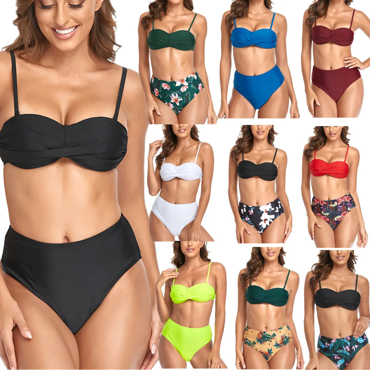 Wholesale 2022 Yellow Floral High-Waisted Spandex/Nylon Anti-UV Quick Dry Bikini Set Swimwear for Women