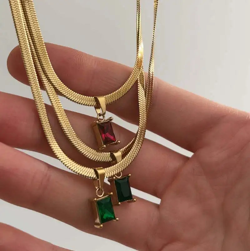 Clear Emerald Hot Pink Black Pendant Snake Chain Necklace Herringbone Stainless Steel 18k Pvd Gold Necklace For Women