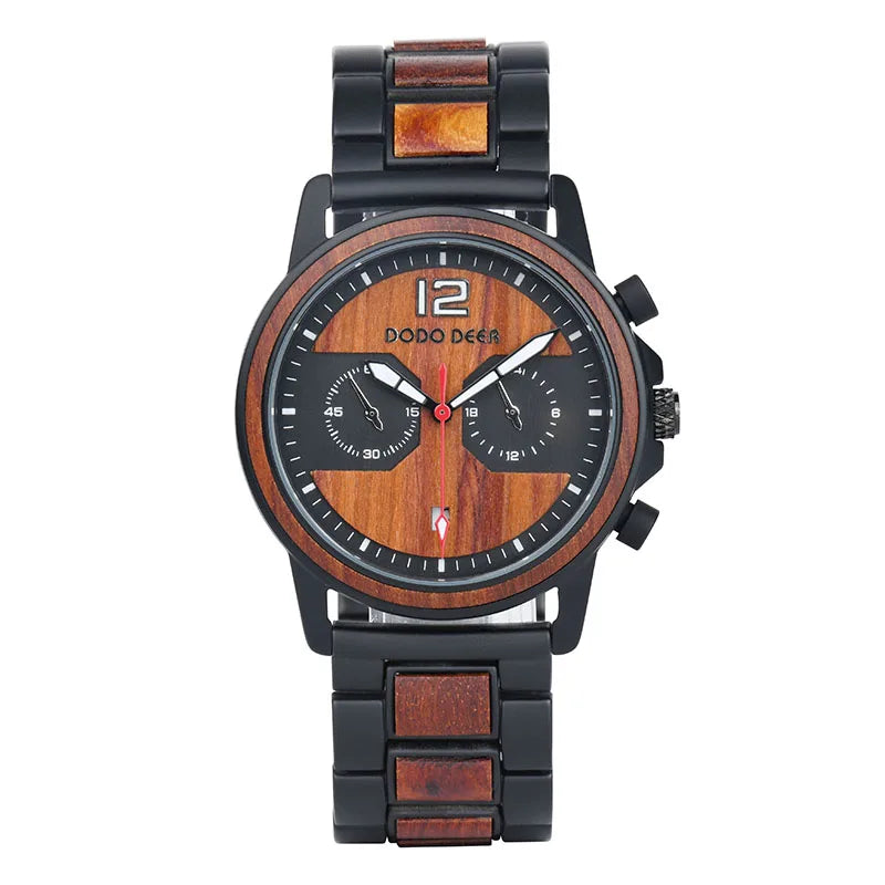 For Luxury Men's Quartz Chronograph Stainless Steel Wooden Watch Adjustable 3 Years CE ROHS Certified Water Resistant 3BAR