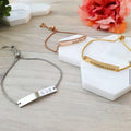 Adjustable Gold Plated Zircon Christian Classic Baguette Curved Strip Stainless Steel Bracelet with Letter Charm for Couple