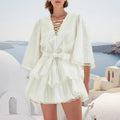 French Solid Natural Woven Washable Sweet Fresh 2024 Summer New Style V-neck Drawstring Design Waist Tie Slim Dress