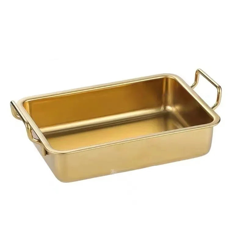 304 Korean Golden Stainless Steel Noodle Snack Plate BBQ Tray Restaurant Deepening Square Plate Dessert Creative Plate