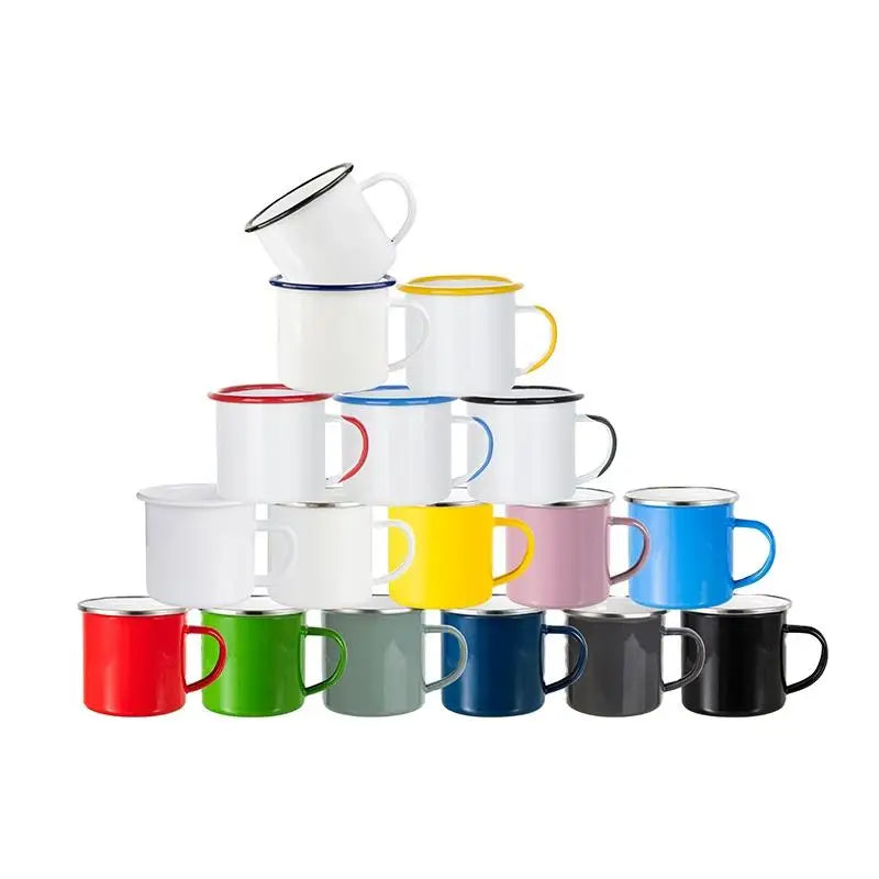 Custom Logo 12 oz Reusable Metal Steel Rim Tin Coffee Cup Sublimation Blank Christmas Enamel Camping Mug