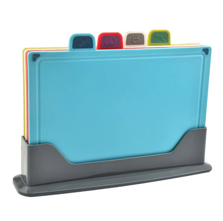 4-Piece Plastic Colored Index Chopping Cutting Board Set with Stand for Home Kitchen Use