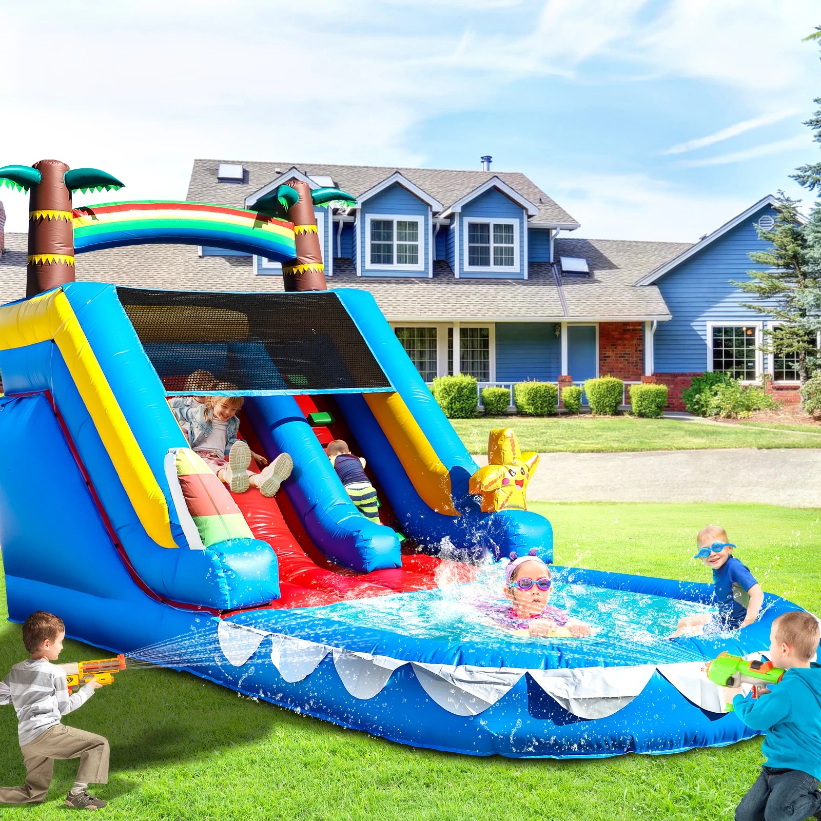 21x9x12FT/6.4x2.75x3.6m Commercial PVC Adult Kids Outdoor Backyard Party Inflatable Water Slide with Pool and Blower