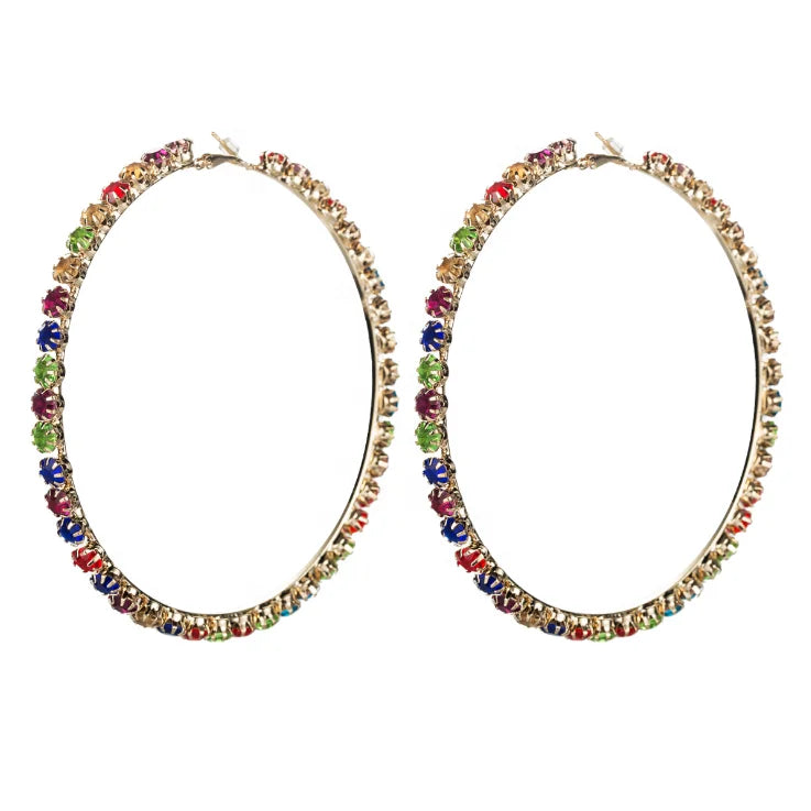 Isunni Rhinestone Colorful Diamond Large Circle Outer Ring Diamond Retro Hoop Earrings for Women