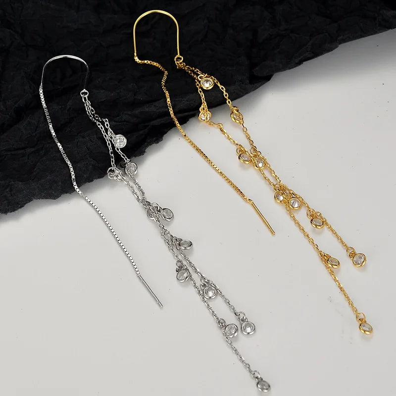 Light European and American Niche Design S925sterling Silver Long Set with Zircon Tassel Earrings Female Ins Cool Style Earrings
