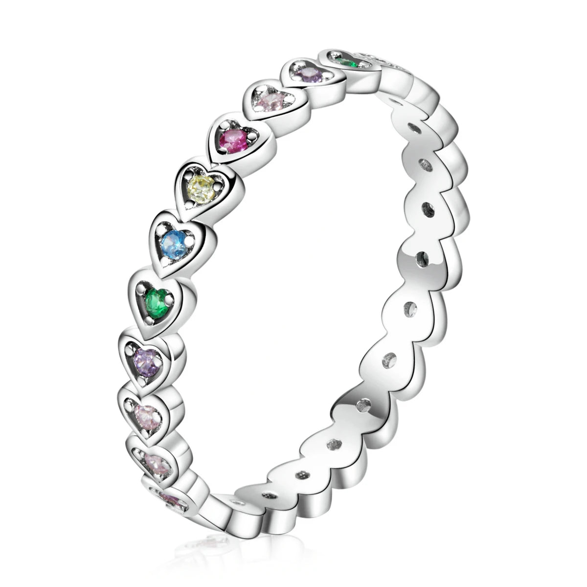 Silver Rainbow Love Ring 925 Sterling Silver Wedding Jewelry with Enamel Crystal Heart and Colorful Stars for Women SCR752