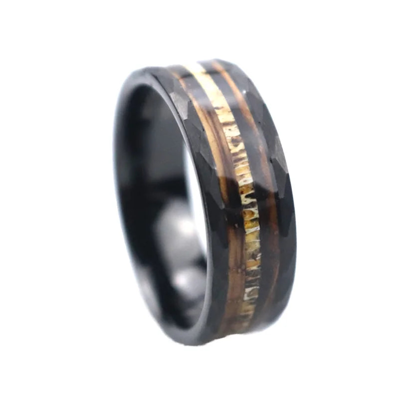 8mm Black Hammered Tungsten Wedding Ring With Charred Whiskey Barrel Wood Antler Inlay