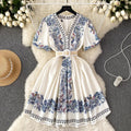 Retro High-end Positioning Printed Bubble Sleeved Dress for Women With Lace up Waist and Slim A-line Large Swing Short Skirt