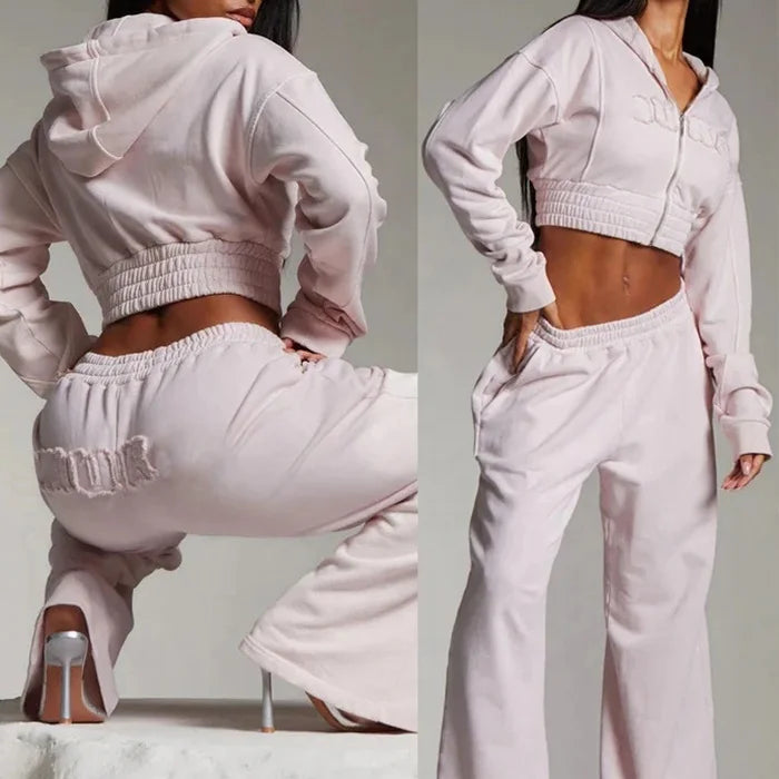 Women's Tracksuit Custom Crop Zip up 2 Piece Set Terry Cotton Oversize Street Plain Jogging Two Piece Cropped Hoodie Set