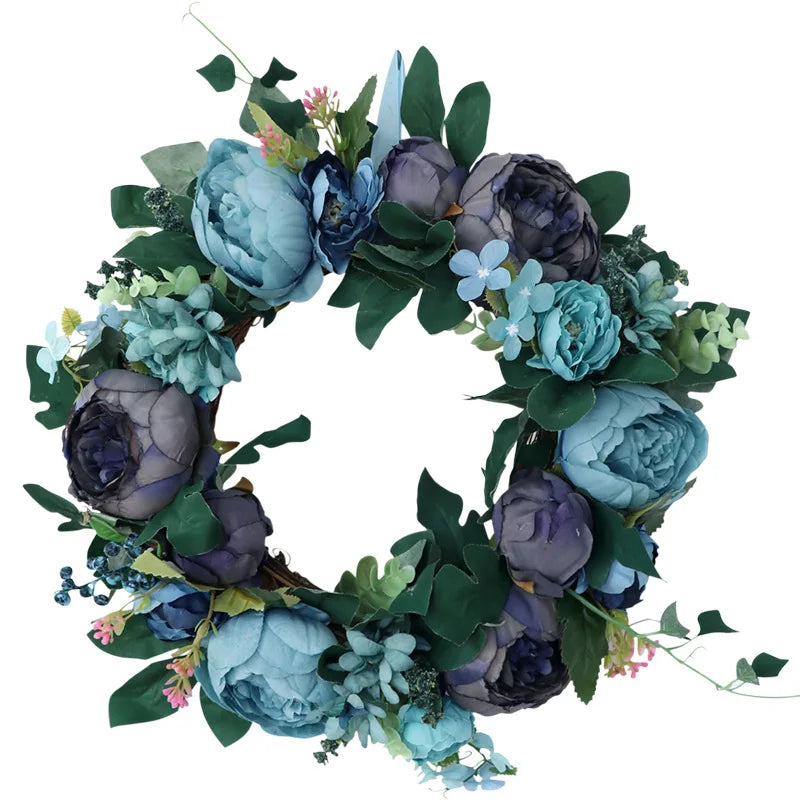 Home Decorative Wreath Vintage Blue Artificial Peony Vine Ring Wedding Scene Arrangement Wall Hanging Decorative Wreath