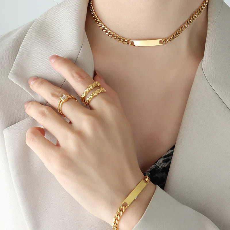 Hip Hop Metal Heavy Industry Exaggerated Geometry Bracelet Necklace Long Strip Square Plate Thick Chain Bracelet Necklace Set
