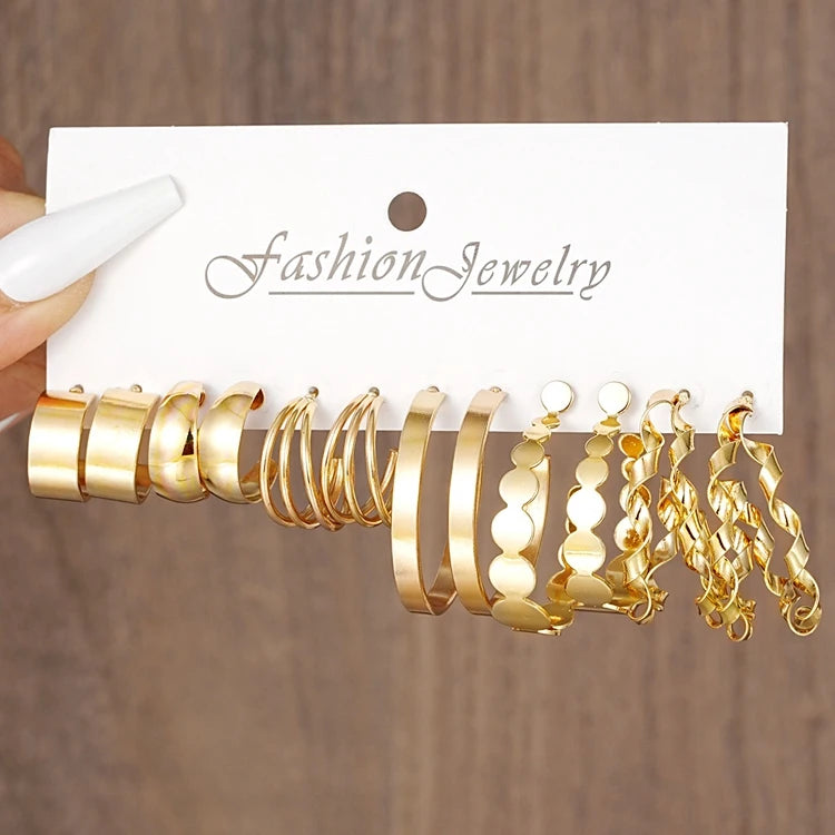XT-89 Wholesale Fashion Ear Jewelry Kit 6 Pairs Women Metal Alloy Chain C Shape Loop Hoop Gold Earrings Set