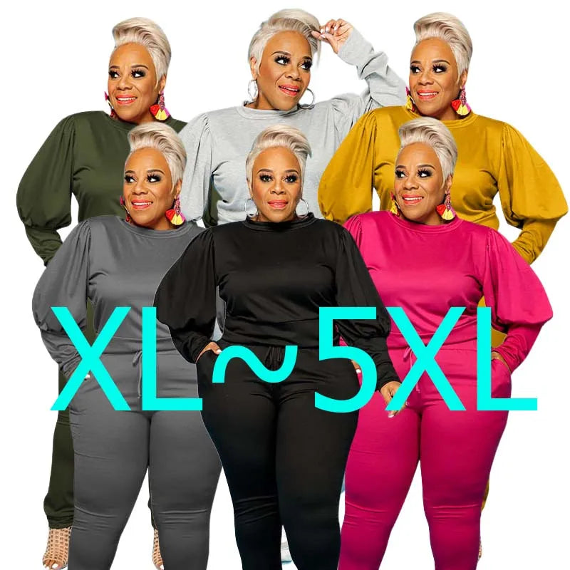 Spring Plus Size Plain Two Piece Set Women Clothing Multicolor Long Sleeve Tops Pencil Pants High Waist Casual