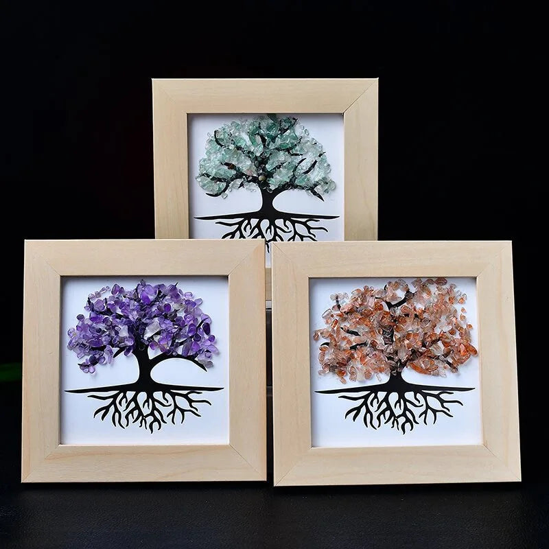 Natural Crystal Crushed Stone Ornaments Model Tree of Life Photo Frame for Home Living Room Office Desktop Decoration