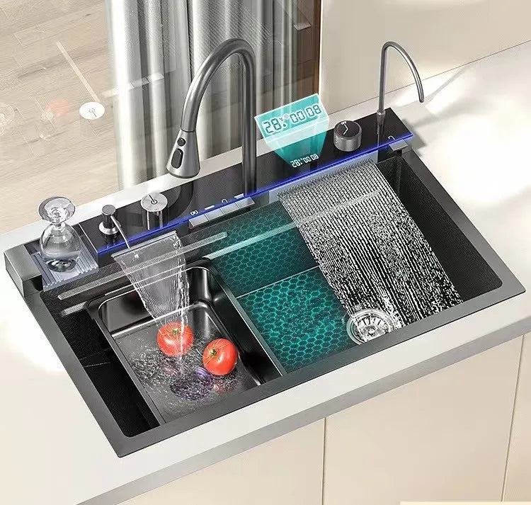 Tiktok Trend  Black White  Digital Display Faucet Stainless Steel Single Bowl Bionic Farmhouse Ceramic Kitchen Sink