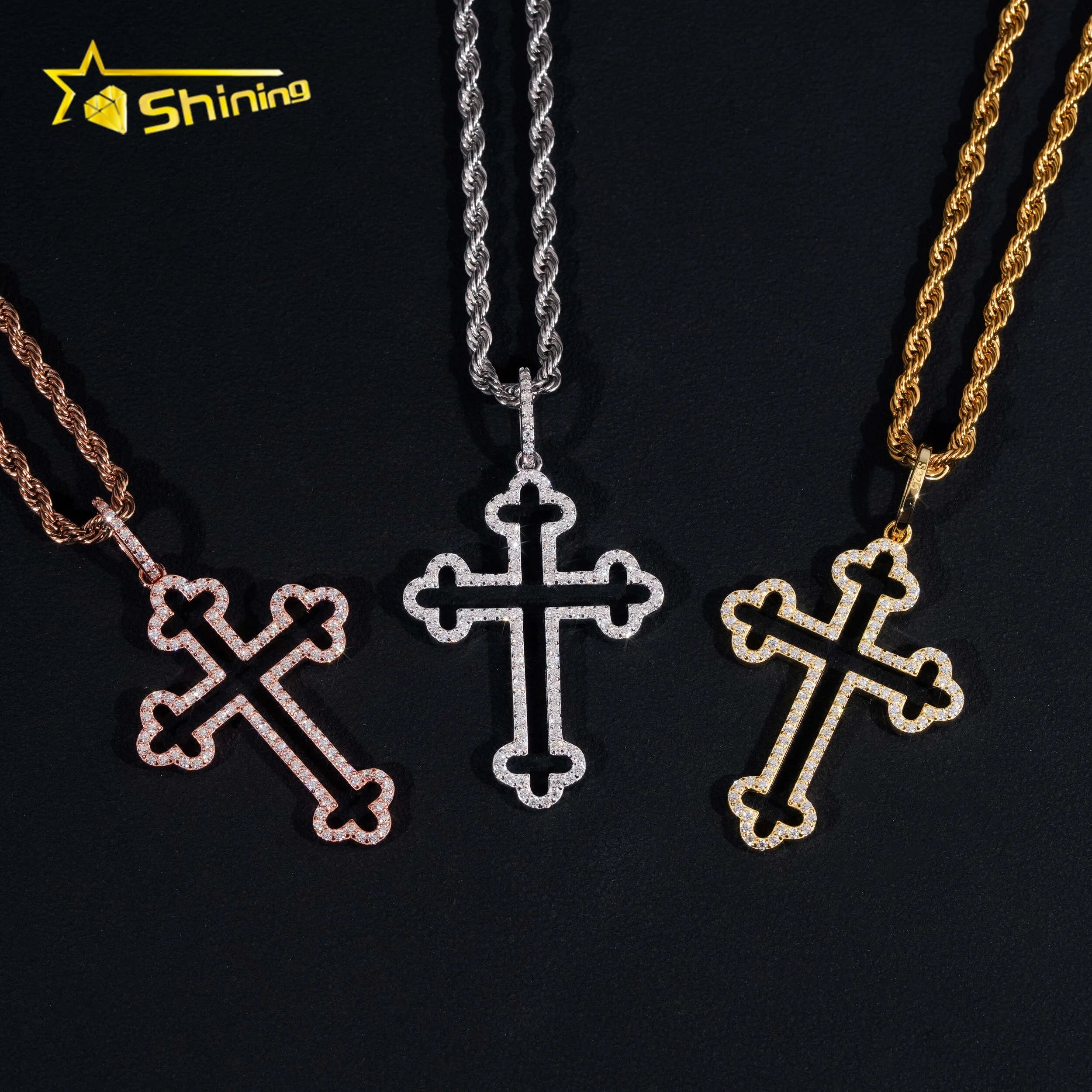 New Design Hip Hop Style Pendant Iced Out Hollow 925 Sterling Silver Moissanite Cross Pendants