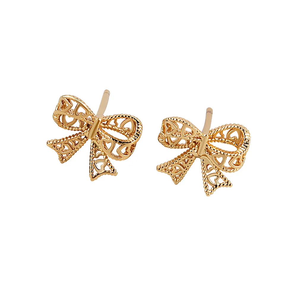 Stylish Refined Chic Dainty Exquisite Hollow Lace Bow Ribbon Studs Earring Small French Temperament Girl Earrings