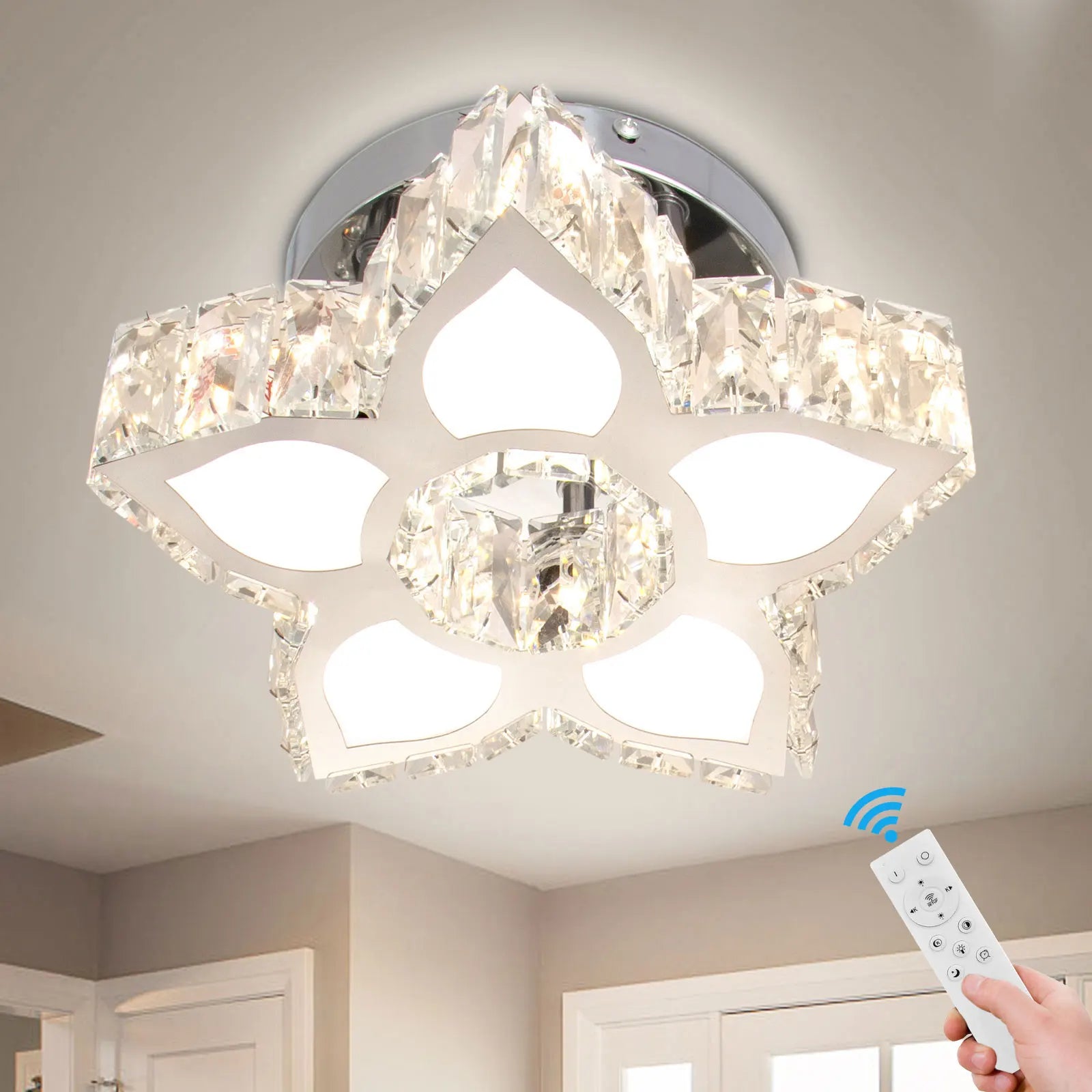 Modern K9 Crystal LED Ceiling Light with Remote Controller New Design Bedroom Lamp Fixture for House Small Sizes