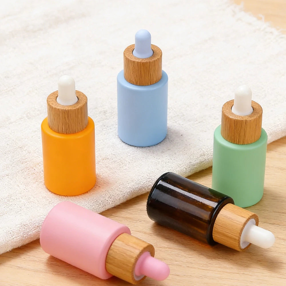 High Quality Macaron Color Bamboo Square Shoulder Glass Dropper Bottle Customized Serum Packaging for Cosmetic Use