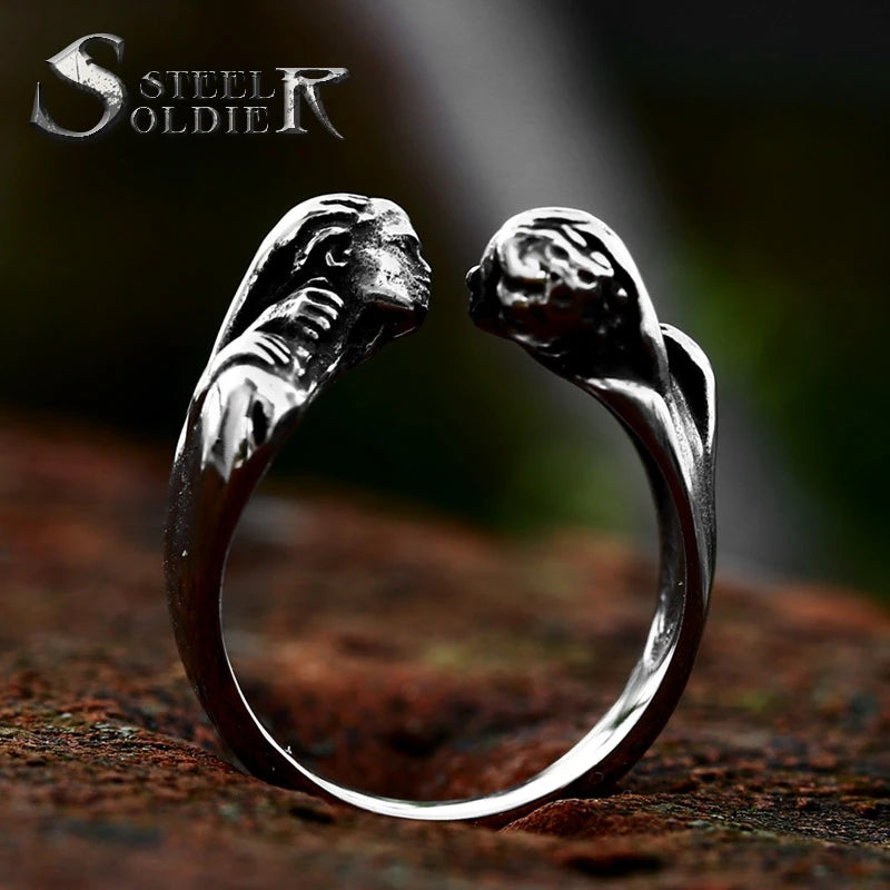 SS8-1101R 2023 New Fashion Stainless Steel Double Skull Ring Opening Ring for Women Men Couple Ring Romantic Skull Punk Jewelry