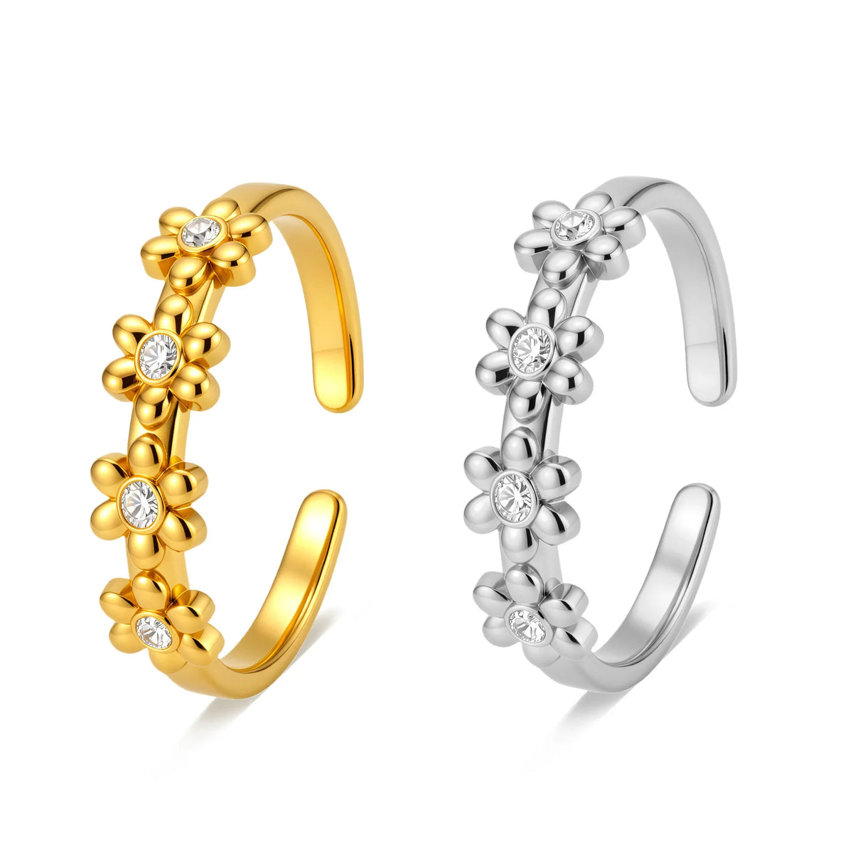 Elegant Floral Micro-pave Zircon Stainless Steel Ring Adjustable Couple's Ring Wedding Jewelry Party Holiday Gift MegaBDM