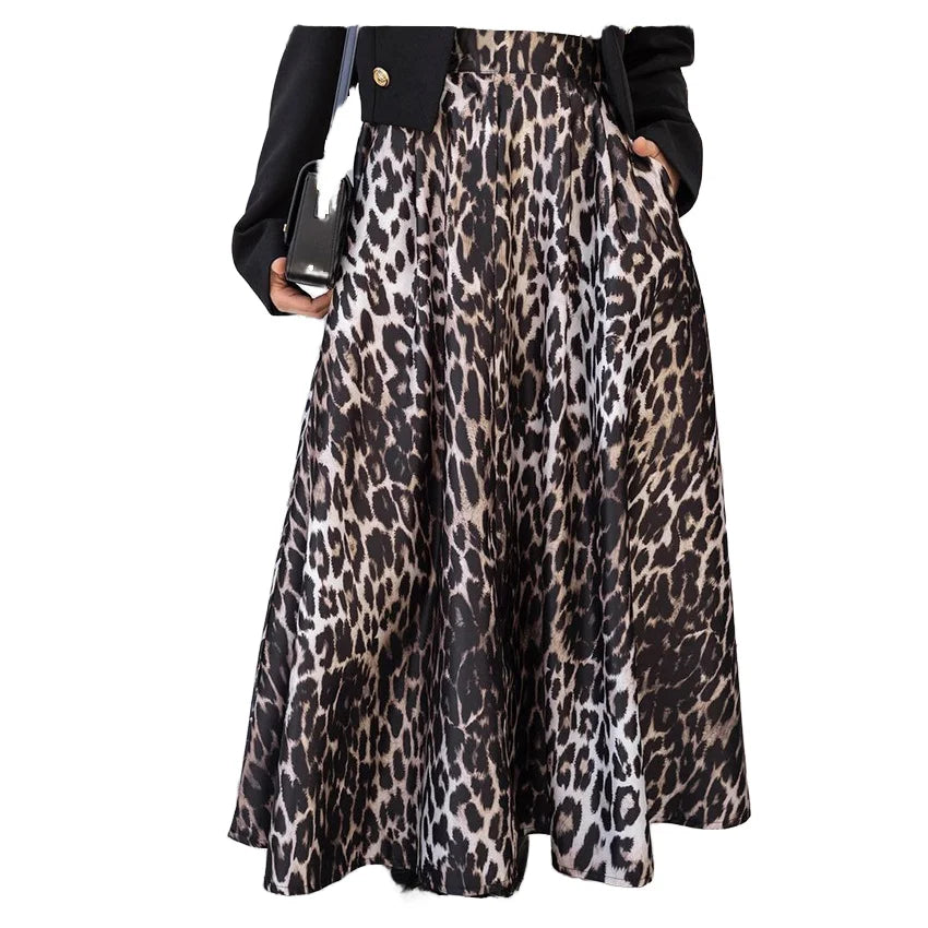 Women's High Waist Vintage A-Line Skirts Leopard Print Long Midi Length Autumn Winter New Arrival Factory Wholesale