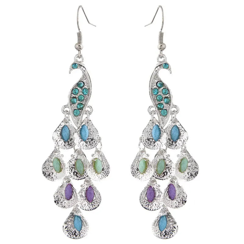 2025 Crystal Fashion Sparkling Natural Diamond Tassel Peacock Stud Earrings 18k for Women Large Rhinestone Earrings