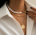 Profile-shaped Imitation Pearl Female Retro Simple Portrait Pendant Alloy Choker Necklace