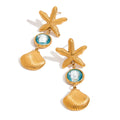 J&D Niche Funky 18K Gold Stainless Steel Transparent Blue Faceted Glass Starfish Shell Earrings