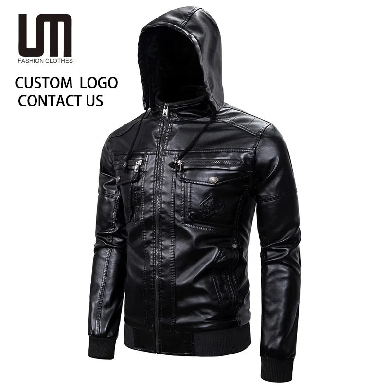 Liu Ming Wholesale Winter Mens PU Faux Leather Bomber Biker Jacket With Hood