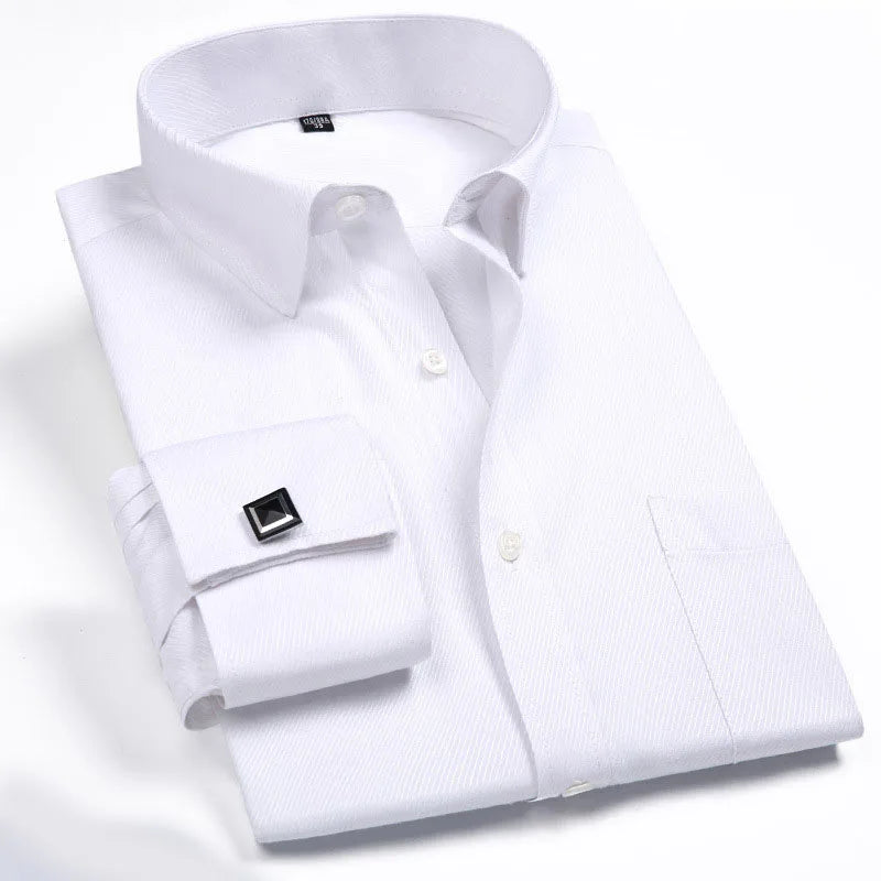 RNSHANGER Men French Cuff Dress Shirt New White Long Sleeve Casual Buttons Male Brand Shirts Regular Fit Business Male Shirts