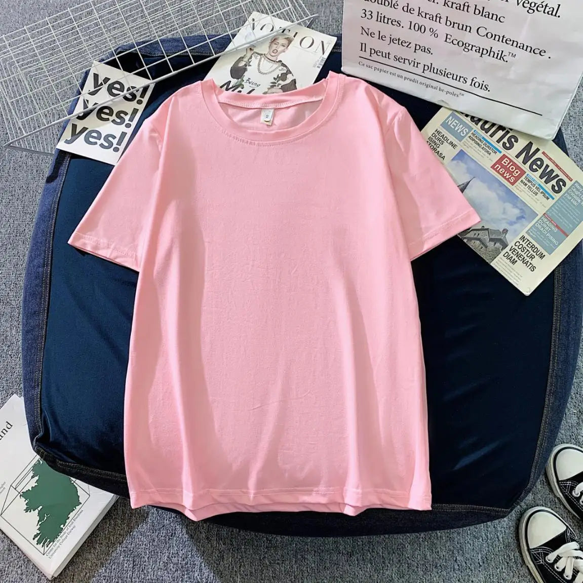 New Fashion Casual Women Girls Summer Tee Short Sleeve Solid Color Soft O-neck Custom LOGO Simple Tops T-shirt