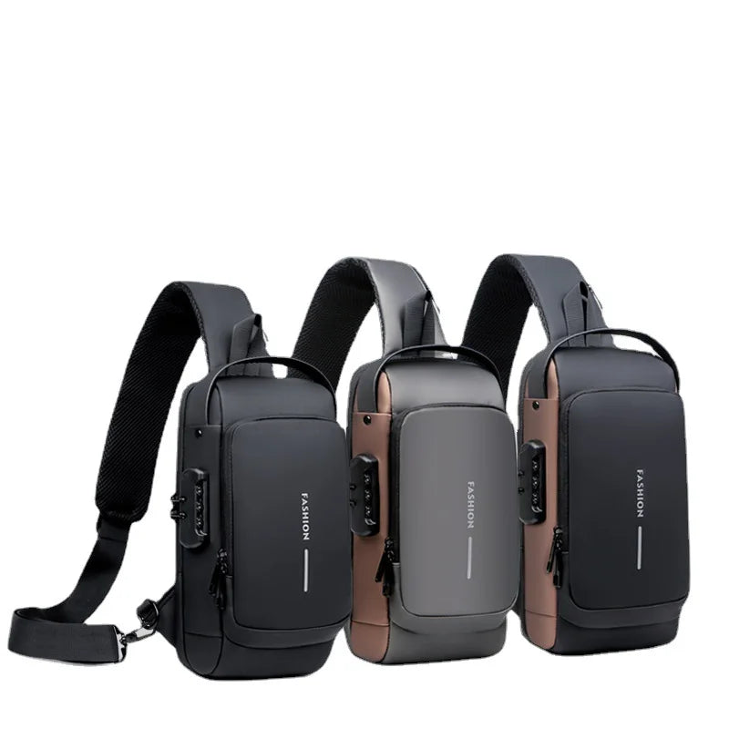 PU Motorcycle Bike Sling Bag with Lock Anti-Theft Travel Chest Bags with USB Waterproof Crossbody Waist Bag