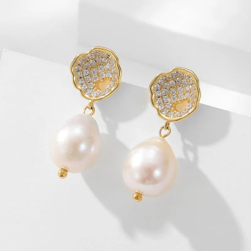 Cubic Zirconia 925 Sterling Silver Drop Dangle Studs Earrings 18k Gold Baroque Pearl Hanging Earrings