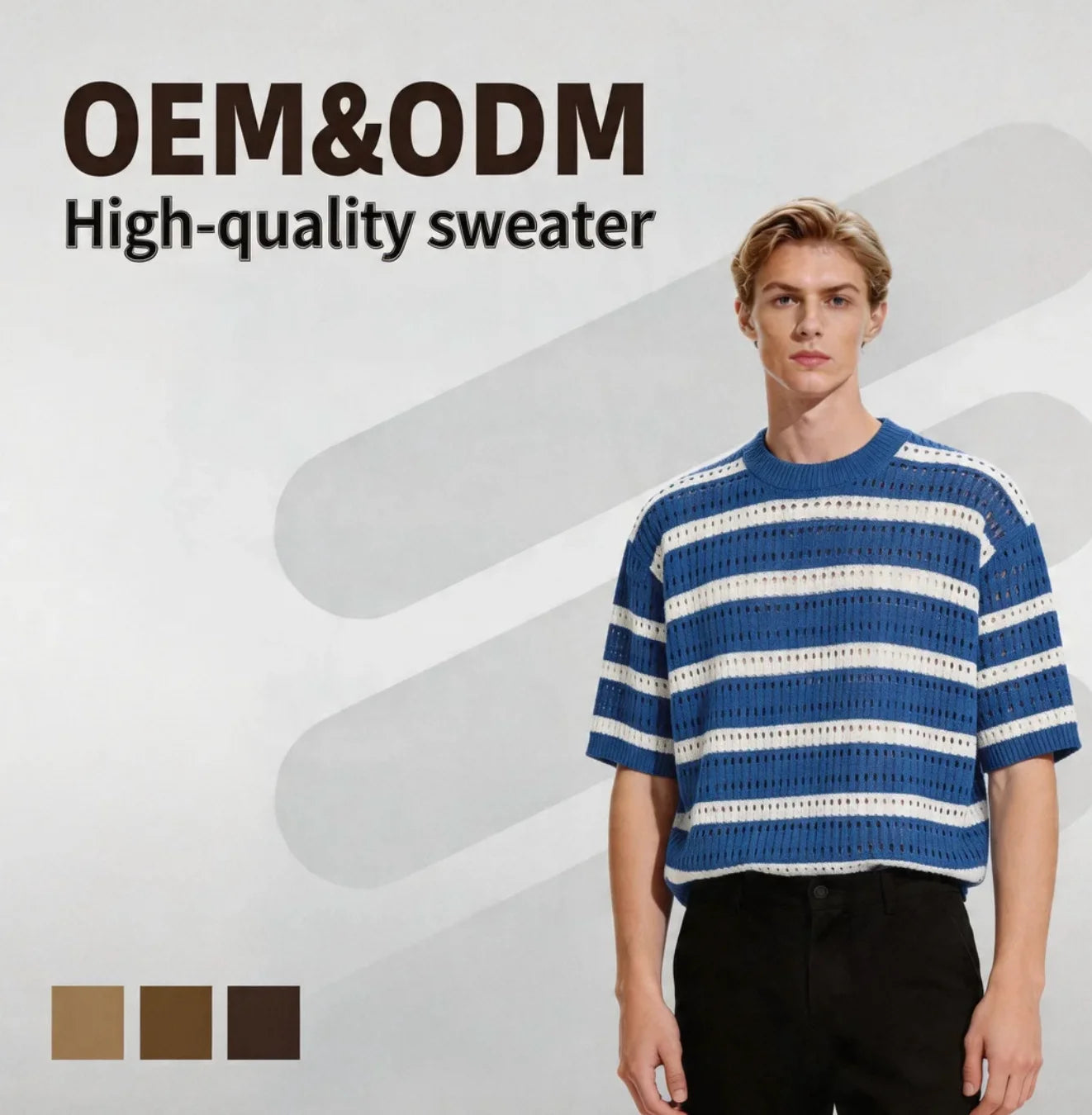 Men's Summer T-Shirt Trendy Korean Style Color-Blocked Half-Sleeved with Stripes Knitted Short-Sleeved Loose Neck Casual Design