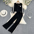 Women's Sporty Two-piece Suit: Stand-up Collar Contrast-color Knitted Cardigan & High-waisted Wide-leg Trousers