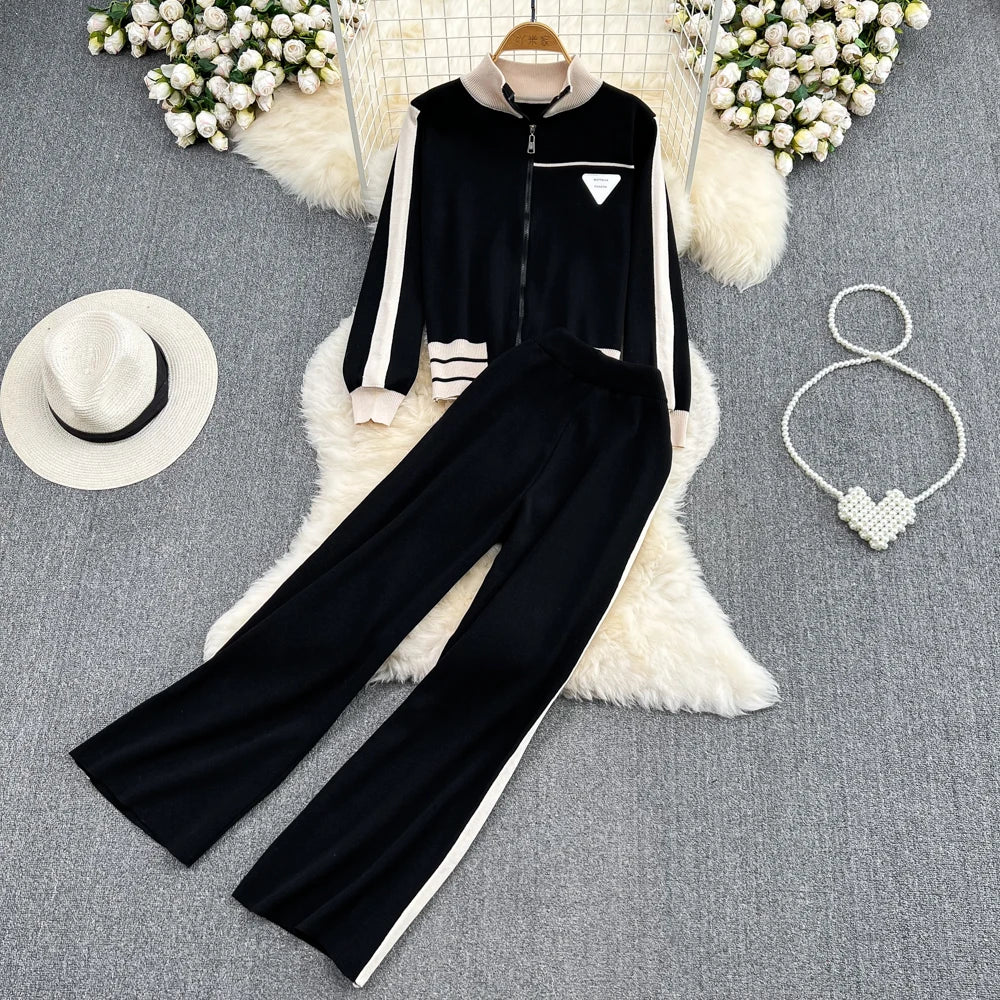 Women's Sporty Two-piece Suit: Stand-up Collar Contrast-color Knitted Cardigan & High-waisted Wide-leg Trousers