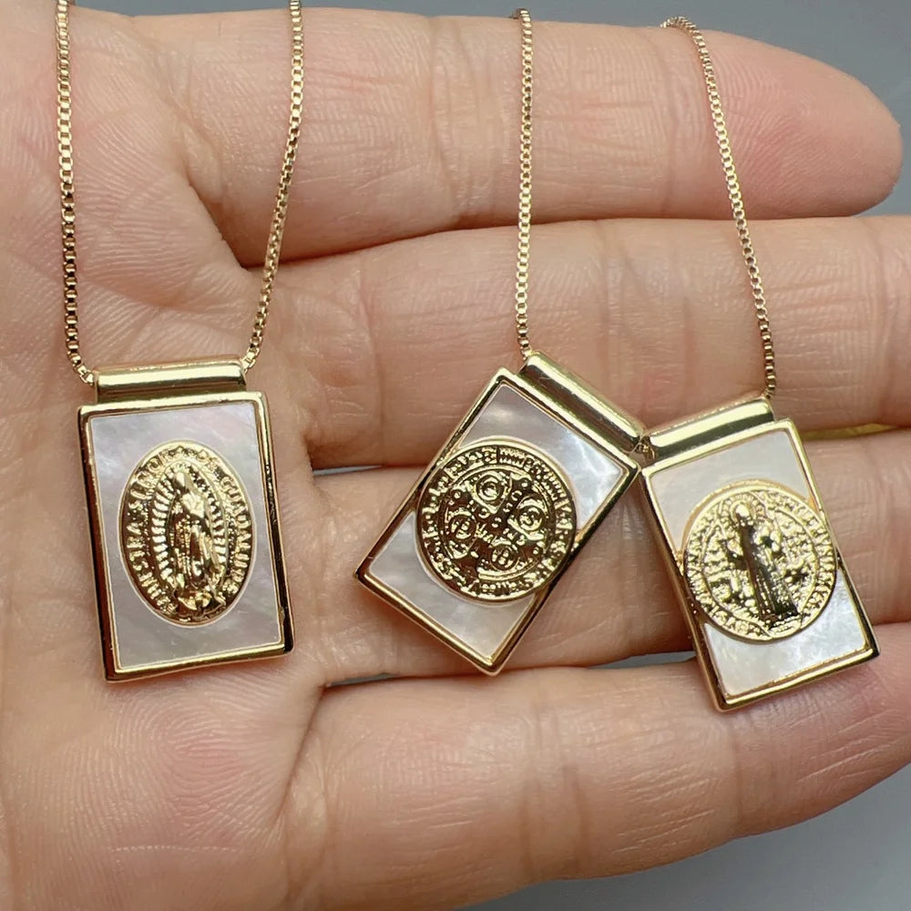 Religious Saint Benedict Cross Guadalupe Necklaces Natural Sea Shell Pendant Neck for Women Wholesale Custom