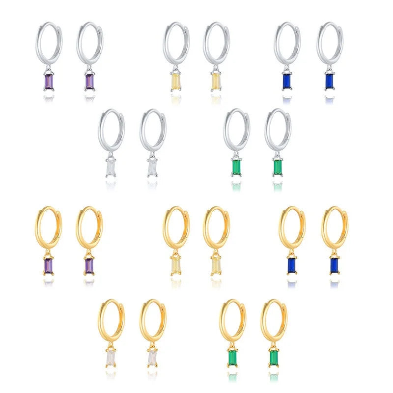 925 Sterling Silver Rectangle Zirconia Hoop Huggie Earrings CZ Pendant Earrings