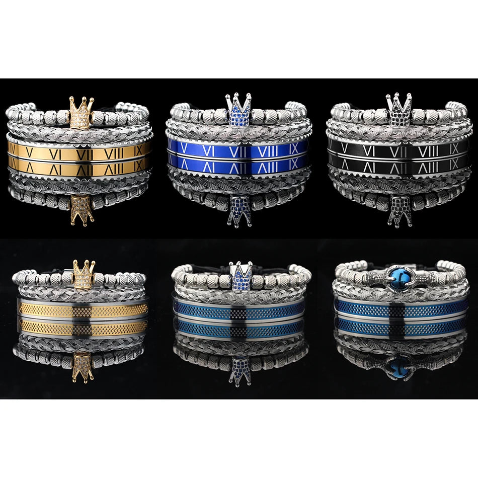 European and American 3 PCS Set Non Fading Crown Roman Numerals Design Stainless Steel Bangles Bracelets