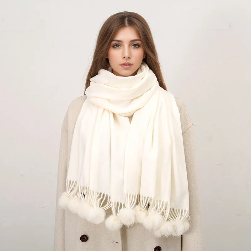 Winter Products Solid Color Shawl With Fur Ball Casual Warm Pashmina Scarf Women Cashmere Scarf 180*70cm